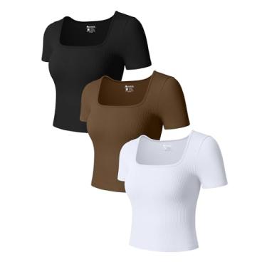 Imagem de OQQ Camisetas femininas de manga curta, gola quadrada, elástica, 3 peças, Preto, café, branco, Large