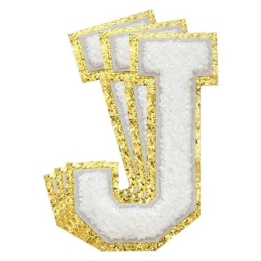 Imagem de 3 Pçs Remendos de Chenille Letras Douradas Glitter Ferro em Remendos de Letras Varsity Remendos Bordado de chenille Remendos Costurados para Roupas Chapéu Bolsas Jaquetas Camisa (Ouro, J)