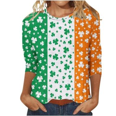 Imagem de Camiseta feminina do Dia de São Patrício com estampa da bandeira irlandesa americana túnica verde manga 3/4, Café, G