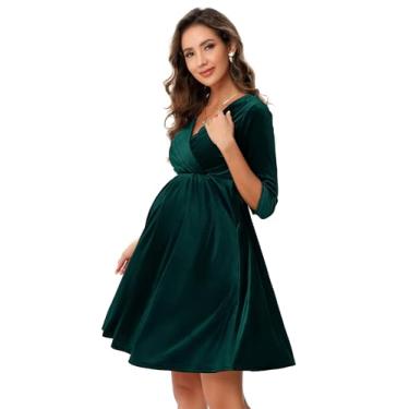 Imagem de FUNJULY Vestido de maternidade feminino de veludo retrô decote em V evasê sexy para sessão de fotos vestido de férias vestido de noite convidada de casamento, Verde escuro, M
