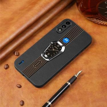 Imagem de Capa para Moto E7 Power Capinha Business Deluxe Leather Phone Soft Case com suporte magnético invisível para anel de dedo Capa para telefone em couro resistente a quedas - Preto