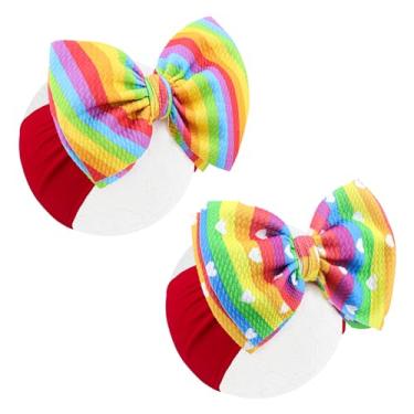 Imagem de Lanmerry Arcos de cabelo para crianças, acessórios de cabelo de orgulho gay, 2 peças de faixas de cabelo para recém-nascidos arco-íris de 15 cm para bebês meninas - listras diagonais de arco-íris e
