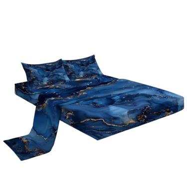 Imagem de Eojctoy Jogo de cama King com estampa de mármore azul, microfibra super macia, 4 peças, 1 lençol com elástico, 1 jogo de lençol com elástico e 2 fronhas, 40,6 cm de profundidade para quarto de