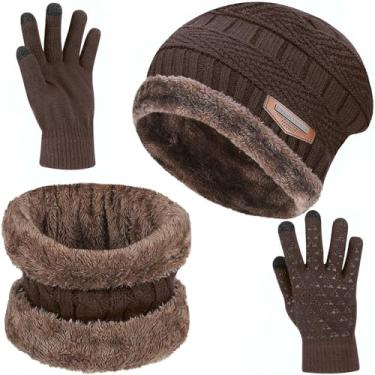 Imagem de Conjunto de 3 Peças Luvas Gorro Cachecol Masculinas Touca Inverno Masculina Quente com Caveira, Café Marrom, Um tamanho, Elástico