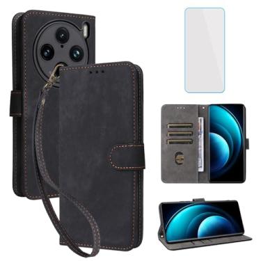 Imagem de IUQXU Capa carteira para celular VIVO X100 Pro 5G com protetor de tela [bloqueio RFID] Suporte de cartão flip de couro com alça de pulso feminina e masculina V2324A para celular VIVO X 100 Pro