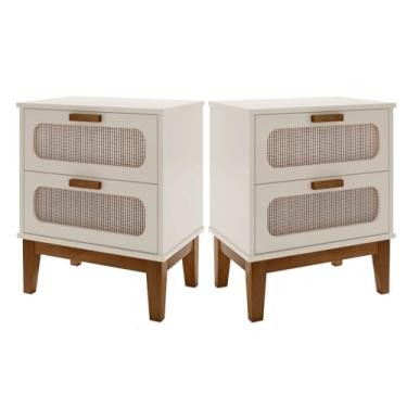 Imagem de Kit 2 Mesa de Cabeceira Santorini 45cm Com 2 Gavetas C/Telinha Pés de Madeira Para Quarto (Off White)