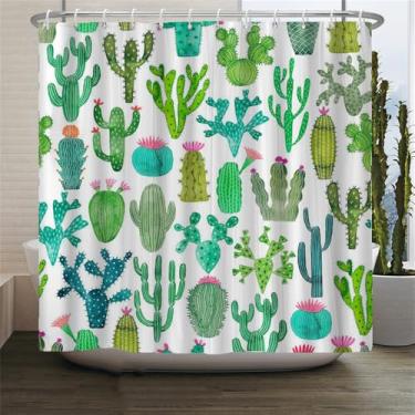 Imagem de Cortina de chuveiro estampada com cacto de planta verde estilo Simplicity Cortinas de chuveiro de banheiro Cortinas de banho laváveis com ganchos, 3581X, L210xA180cm