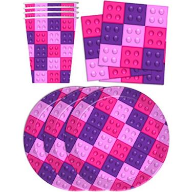 Imagem de Conjunto de suprimentos de festa de aniversário de blocos de construção rosa kit de copos de guardanapos para 16