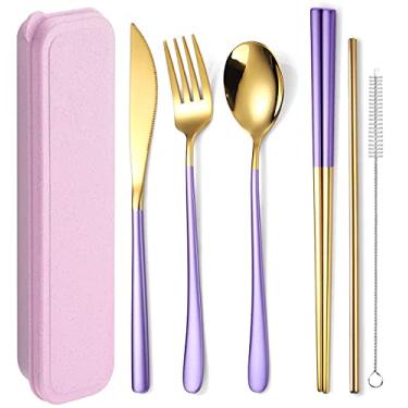 Imagem de AARainbow Conjunto de talheres de aço inoxidável de 6 peças, portátil, reutilizável, conjunto de talheres de viagem, incluindo hashis, faca, garfo, colher canudos, escova de limpeza, lavável na lava-louças (ouro roxo)