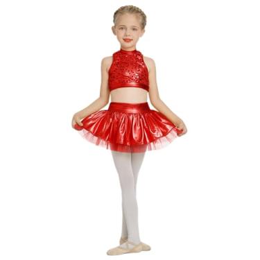 Imagem de ODASDO Fantasias de dança metálicas para meninas com lantejoulas brilhantes top cropped cintura alta saia tutu carnaval circo roupas, Vermelho, 9-10 Anos