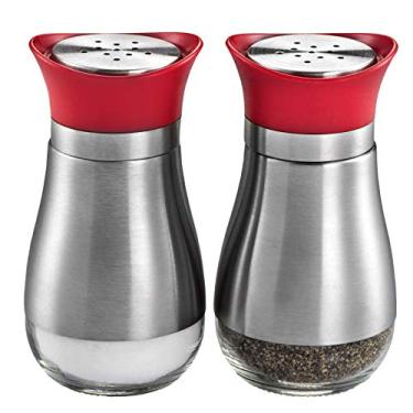 Imagem de MITBAK Saleiro e Pimenta Shakers (2 peças. Conjunto) Moderno Aço Inoxidável c/ Fundo de Vidro Claro | Compacto Cozinhar, Cozinha e Uso de Sala de Jantar | Design Clássico, Recarregável, Vermelho