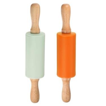Imagem de HARFINGTON Rolos de silicone para assar cabo de madeira de 23 cm antiaderente, rolo pequeno para massa, pizza, pastelaria, fondant, cozinha, verde claro e laranja