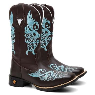 Imagem de Bota Texana Feminina Country Em Couro Floral Azul Ref.: Floral-Azul - 