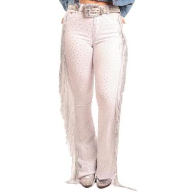 Imagem de Calça Jeans Branca Feminina Silver Strass E Franjas Paetê Moda Country