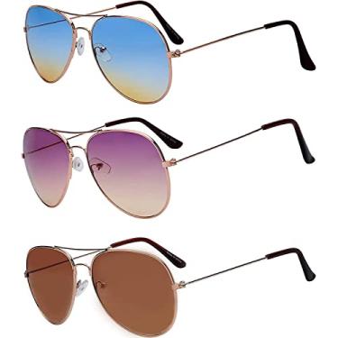 Imagem de Óculos de sol estilo aviador, armação metálica, cor bronze, lente marrom, 3 pares, Armação bronze, lente marrom, pacote com 3, M