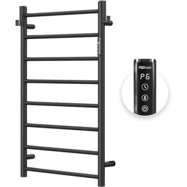 Imagem de P&Bhusri Toalheiro aquecido para banheiro, toalheiro elétrico montado na parede com temporizador e indicador LED, aquecedor de toalhas de 8 barras, preto fosco de aço inoxidável, com fio/plug-in