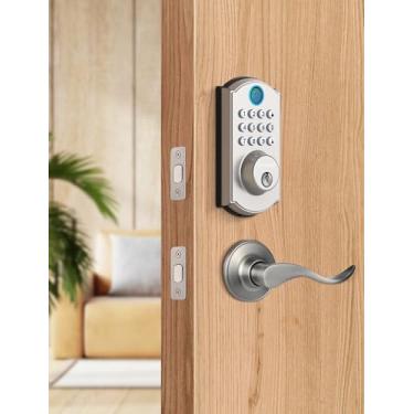 Imagem de ELAMOR Fechadura de porta de impressão digital M19 com 2 maçanetas, fechadura de porta de entrada sem chave, trava automática, fácil de instalar, trava de fechadura de teclado eletrônico com código,