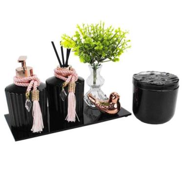 Imagem de Kit Lavabo Vidro Preto Sabonete E Difusor C/ Bandeja Enfeite Porta Obj