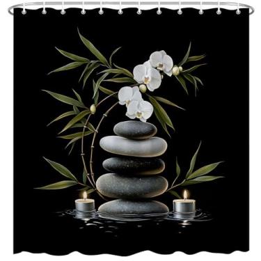 Imagem de Cortina de chuveiro preta pedra zen branca floral sálvia folha verde reflexos na água natureza japonesa asiática jardim zen tecido poliéster decoração de banheiro 70×70 polegadas com gancho