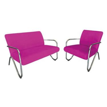 Imagem de Kit Namoradeira + Poltrona Decorativa Bela Couro Pink Braço Cromado - 