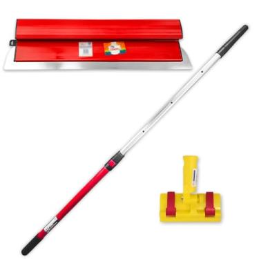 Imagem de Cabo Extensor Fibra De Vidro 1,3m + Desempenadeira Berox 60cm de Aço Inox Universal Para Massa Corrida C/Suporte Compel Ajustável Para Paredes e Tetos Profissional Kit