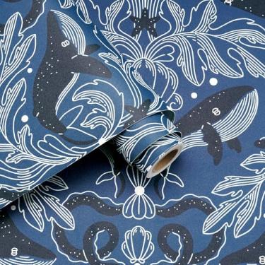 Imagem de Decotalk Papel de parede azul oceano descasque e cole papel de parede azul boho papel de parede baleia removível 43,5 x 900 cm papel de parede de peixe algas marinhas papel de contato para armários