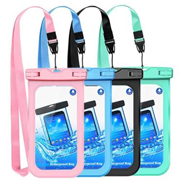 Imagem de GLBSUNION Capa universal à prova d 'água, bolsa de telefone à prova d'água IPX8 compatível com iPhone XS Max/XR/X/8/8P/7/7P Galaxy até 6,5", bolsa protetora para piscina, praia, caiaque, viagem de banho, Pink + Blue + Black + Cyan