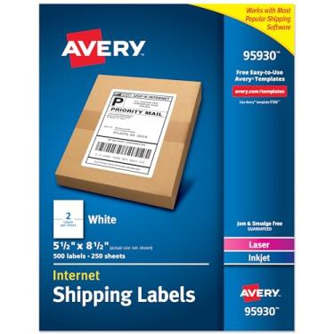 Imagem de Avery Etiquetas de envio imprimíveis em meia folha, 14 cm x 21,6 cm, brancas, 500 etiquetas de correspondência em branco, ótimas para embalagens, etiquetas de produtos, organização e mais (95930)