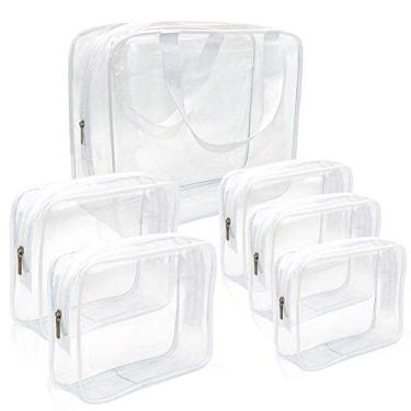 Imagem de (White) - Clear Makeup Bags, APREUTY TSA Approved 6Pcs Cosmetic Makeup Bags Set Waterproof Clear PVC with Zipper Handle Portable Travel Luggage Pouch Airport Airline Bags Vacation Gym Bathroom Organisation