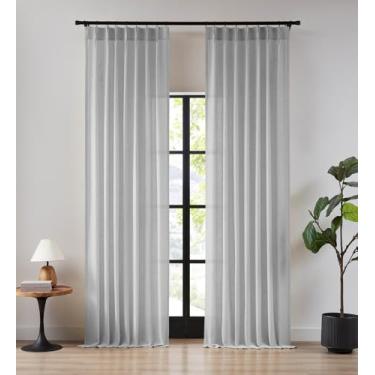Imagem de Cortinas semitransparentes plissadas cinza claro de 112 polegadas, cortina de janela com filtro de luz de mistura de linho, para sala de estar, quarto, pregas nas costas, com ganchos, 2 painéis 101,6