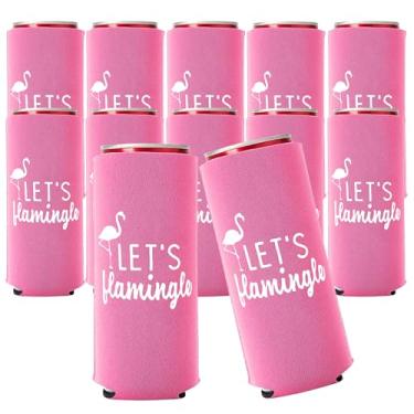 Imagem de Let's Flamingle! Set of 12 Slim Pink and White Can Coolers Cups, Flamingo Can Coolers Flamingo Party Supplies Perfect for Birthday Party, Bachelorette Party, and Bridal Showers