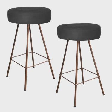 Imagem de Kit 02 Banqueta Alta Laisa Industrial Redonda Cozinha Bar Balcão Bistrô Ferro Bronze Corino Preto - Ahz Móveis