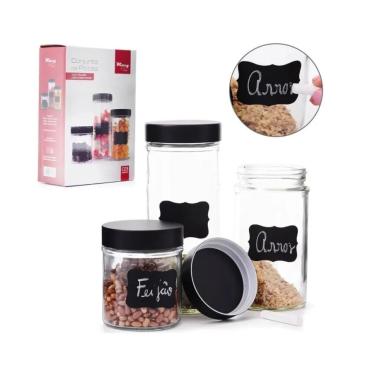 Imagem de Conjunto de 3 Potes de Vidro com Adesivo Lousa e Tampa de Plástico - Wincy