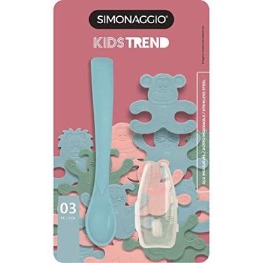 Imagem de SIMONAGGIO Jogo de Talheres Infantil Trend Kids - Conjunto de Introdução Alimentar Para Bebês - Kit de Colher de Plástico, Estojo e Mordedor - Azul - 3 Peças