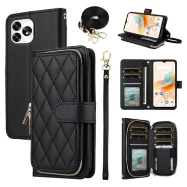 Imagem de Furiet Argyle Capa carteira para UMIDIGI A15 com alça de ombro, 9+ compartimentos para cartões, bolsa com zíper, luxuosa, suporte de couro PU, capa de celular quadriculada para UMIGIDI A 15 15A
