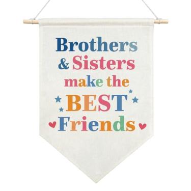 Imagem de AGMDESIGN Faixa de bandeira pendurada em tela colorida de gênero neutro Brother Sister Make The Best Friends, decoração de quarto de irmão, placa de quarto compartilhado, decoração de quarto de bebê