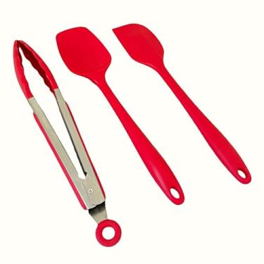 Imagem de Kit 3 Peças: Pegador Silicone + Espátula Pão Duro + Colher - Não Risca Antiaderente (Vermelho)