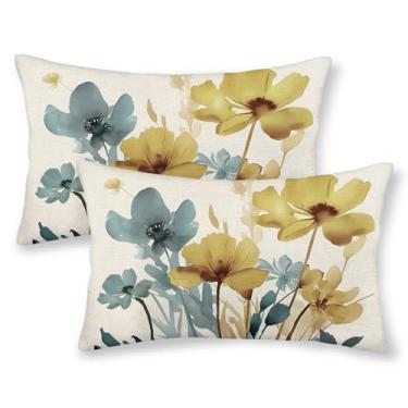Imagem de Conjunto de 2 capas de almofada florais de primavera 30,5 x 50,8 cm conjunto de 2 capas de almofada florais azuis amarelas para uso ao ar livre moderna decoração de flores de verão capa de almofada de