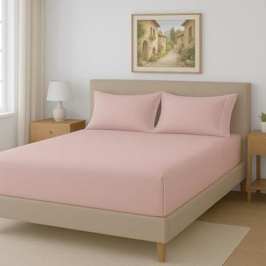 Imagem de Lençol King 3 Peças 300 Fios 100% Algodão Egípcio – Lençol com Elástico + 2 Fronhas com Ponto Palito (Rosê)