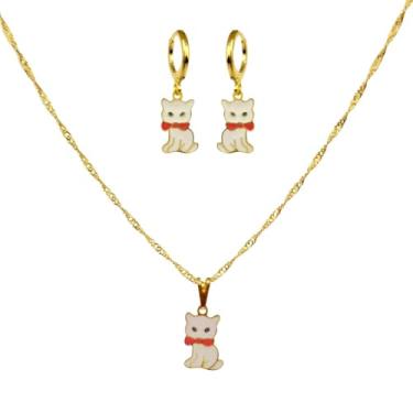 Imagem de Conjunto Infantil Colar e Brinco Gatinho Rosa Bebê Folheado Ouro 18k Antialérgico