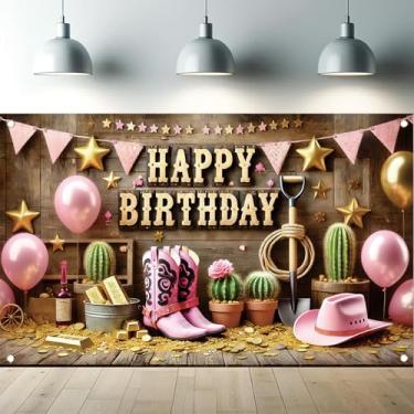 Imagem de Starlit Patio Pano de fundo de cowboy ocidental botas rosa chapéu moedas de ouro cacto estrelas fundo de fotografia de madeira do oeste selvagem rústico decorações de festa vaqueira adereços de