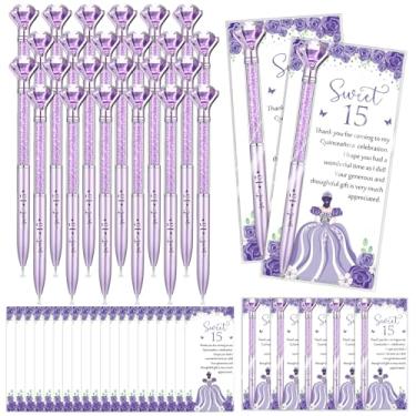 Imagem de Sayglossy 50 conjuntos de lembrancinhas de festa de quinze anos, presentes de agradecimento, grandes canetas de diamante de cristal com cartões de agradecimento, canetas esferográficas retráteis, 15