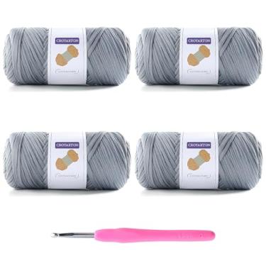 Imagem de Pacote com 4 fios de camisetas para crochê, camisetas elásticas, fios de tricô espaguete, comprimento total, 260 metros para sacos de crochê, decoração de casa com 1 agulha de crochê (4 cinza claro)