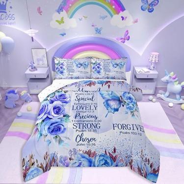 Imagem de Erosebridal Conjunto de edredom King com borboleta turquesa e rosa roxa para casal, presente de dia dos namorados, edredom com lema de amor