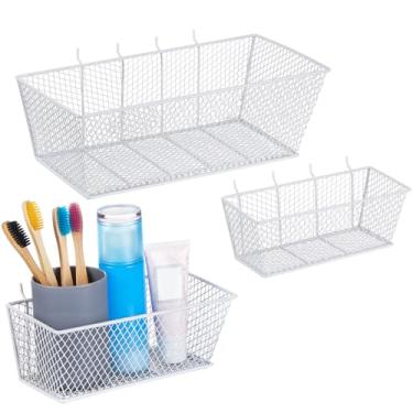 Imagem de Cestas de arame Pegboard, acessórios para quadro de pegboard, organizador de parede, 3 tamanhos, cesto de quadro de fixação, para casa, garagem, cesta de ajuste múltiplo para slatwall (branco, 3