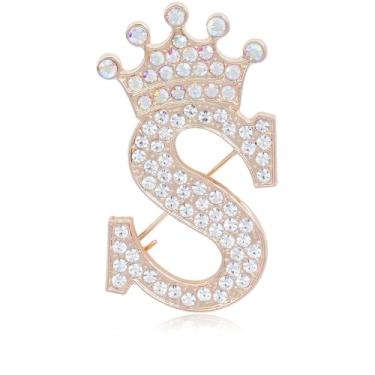 Imagem de Broche de letra inicial com coroa para mulheres, meninas, homens, meninos, broches de nome personalizado, artesanato, broche, colorido, strass, broche, ouro, A-Z, Zircônia cúbica