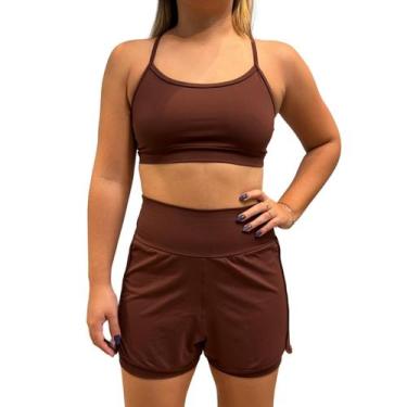 Imagem de Conjunto Feminino Fitness Short Duplo Cós alto + Top Poliamida Cacau -