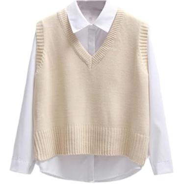Imagem de Mulheres Camisola Colete Primavera Outono Curto Solto Suéter De Malha Sem Mangas Senhoras Com Decote Em V Pulôver Tops, Apricot, XL