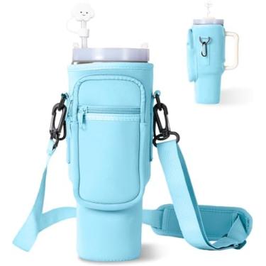 Imagem de dabria Bolsa de transporte para garrafa de água com bolso para celular Stanley de neoprene com alça ajustável com tampa de canudo e mosquetão para acessórios de copo Stanley