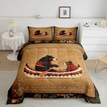 Imagem de Feelyou Jogo de cama queen rústico com urso, cabana e campestre infantil, para meninos, meninas, adolescentes, passeios de barco, capa de edredom de argila respirável, macia e leve de microfibra